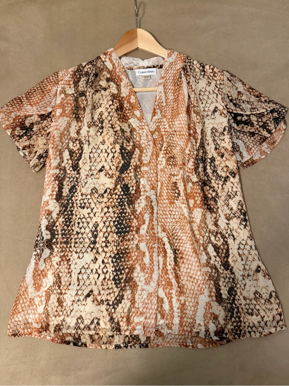 Calvin Klein Women's Snake-Print V-Neck Blouse - Cream, Tan, Black